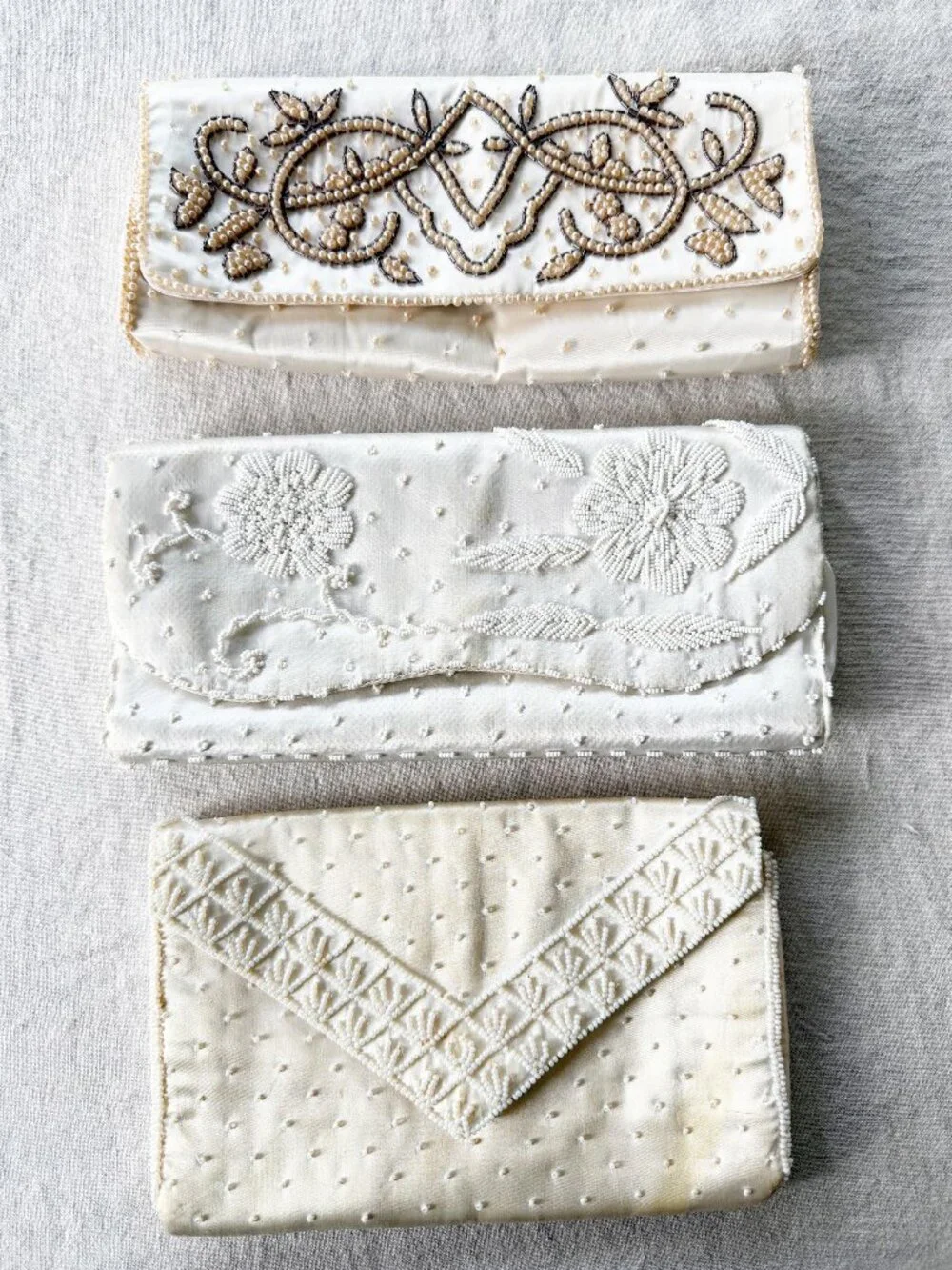 Three 1950's Vintage Ivory Satin and Beaded Pearl Clutch Purses